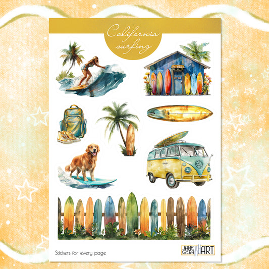 California Surfing decorative stickers, travel stickers, bujo stickers, travel planner stickers